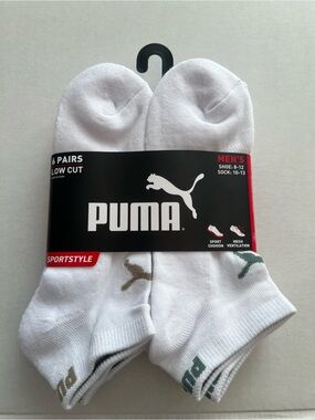 Puma Men’s Low Cut Athletic Socks in White with Green & Gold Logos - 6 Pack